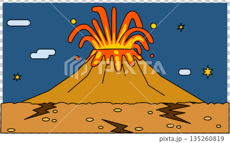 噴火する火山を描いた、ポップでシンプルなファンタジー背景イラスト 135260819