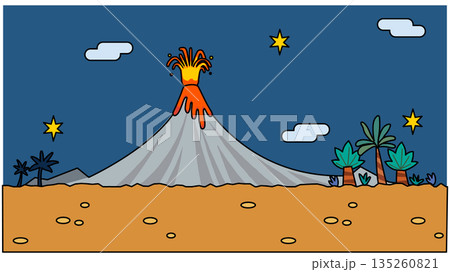 噴火する火山と南国の島を描いた、夜のファンタジー背景イラスト 135260821