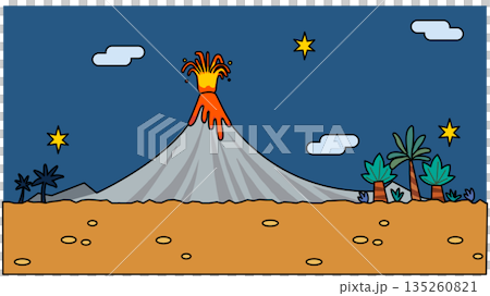 噴火する火山と南国の島を描いた、夜のファンタジー背景イラスト 135260821