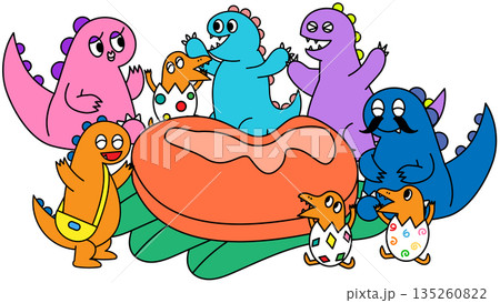 かわいい恐竜たちが大きなステーキを囲む、にぎやかなキャラクターイラスト 135260822