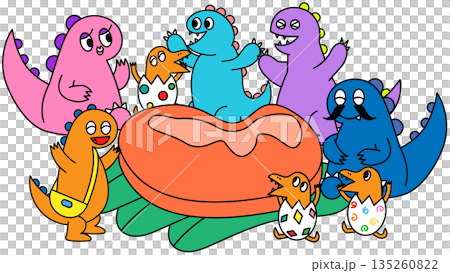 かわいい恐竜たちが大きなステーキを囲む、にぎやかなキャラクターイラスト 135260822