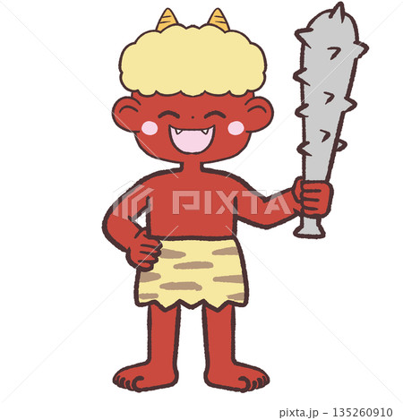 金棒を振り上げて立つ笑顔の赤鬼のイラスト 135260910