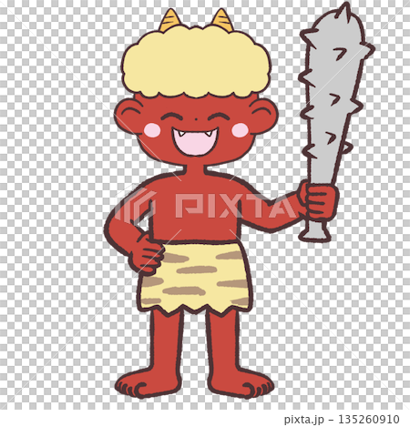 金棒を振り上げて立つ笑顔の赤鬼のイラスト 135260910