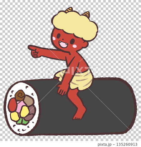 一幅插圖：一個紅色惡魔騎在一個幸運壽司卷上。 135260913