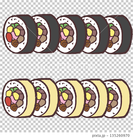 Illustration of two types of sushi rolls cut into pieces 135260970