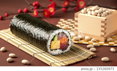 節分 恵方巻と福豆 豪華な海鮮太巻き 伝統行事と季節の和風イメージ 2月の食べ物 背景素材 135260973