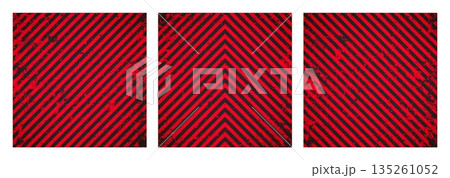 Warning sign with red and black diagonal lines. Attention, danger or caution symbol. Construction site signage, road safety notice, hazard banner, security alert shield. Vector illustration 135261052