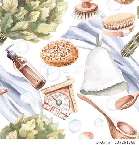 A seamless pattern with bathhouse essentials. Watercolor illustrations of towels, bath brooms, and washcloths for spa, bathhouse, and sauna interiors, as well as prints on towels and fabric. A seamless pattern with bathhouse essentials. Watercolor illustrations of towels, bath brooms, and washcloths for spa, bathhouse, and sauna interiors, as well as prints on towels and fabric. 135261369
