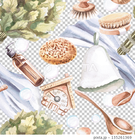 A seamless pattern with bathhouse essentials. Watercolor illustrations of towels, bath brooms, and washcloths for spa, bathhouse, and sauna interiors, as well as prints on towels and fabric. 135261369