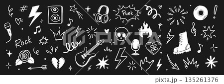 Rock n roll punk music doodle icon set. Graffiti, tattoo hand drawn doodle sticker, text, skull, heart, skate, gesture hand. Marker scribble sketch music icons. Grunge rock vector 135261376
