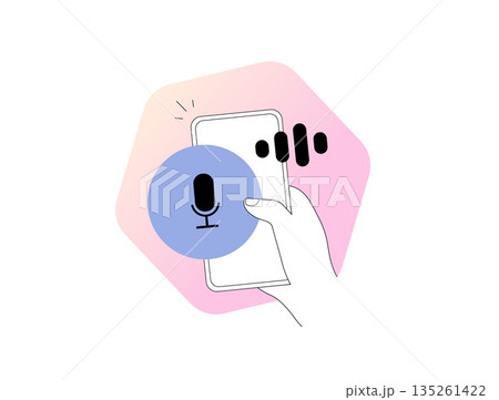 Voice message via mobile chat uses audio microphone on phone app to send and record quick replies. Voice assistant digital communication for users and brands with simple interface vector illustration 135261422