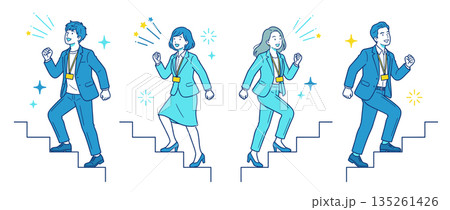 成長の階段を一歩ずつ登るビジネスパーソンのイラスト｜キャリアアップ・目標達成のコンセプト 135261426