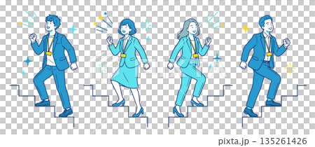 成長の階段を一歩ずつ登るビジネスパーソンのイラスト｜キャリアアップ・目標達成のコンセプト 135261426