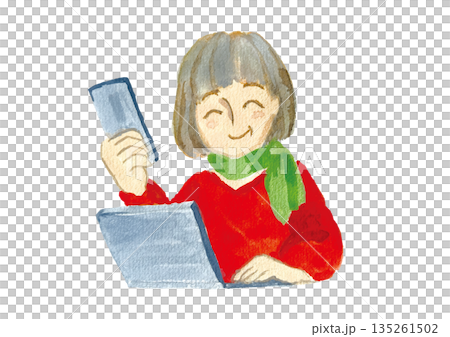 A smiling, stylish senior woman using a smartphone and a computer 135261502