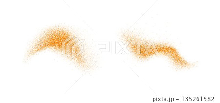 Orange spices powder splashes. Flying masala seasoning particles burst. Dust sand and dirt textured piles. Cumin and curry flakes scattered on surface. Dried spicy explosion. Vector illustration 135261582