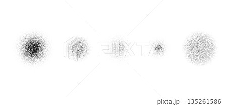Round grain brush stroke set. Circle stippled noise gradient collection. Dotted splatter overlay spots. Grunge sprinkle dotted spray texture. Vector gritty splashed piles. Radial dust sand elements Round grain brush stroke set. Circle stippled noise gradient collection. Dotted splatter overlay spots. Grunge sprinkle dotted spray texture. Vector gritty splashed piles. Radial dust sand elements 135261586
