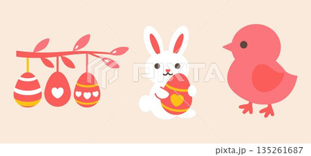 Cute Easter set. Spring collection Easter bunny, chick, egg, willow branch. For poster, card, scrapbooking , stickers. Flat style. Eps10 135261687