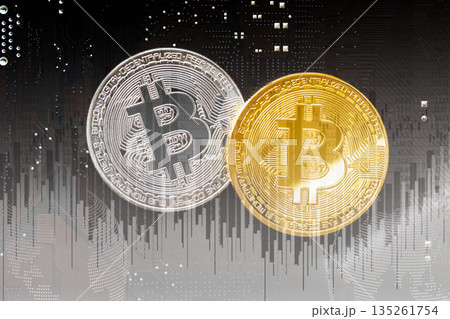 Modern way of exchange. Bitcoin is convenient payment in global economy market. Virtual digital currency and financial investment trade concept. Abstract cryptocurrency with gold bitcoin background. Modern way of exchange. Bitcoin is convenient payment in global economy market. Virtual digital currency and financial investment trade concept. Abstract cryptocurrency with gold bitcoin background. 135261754