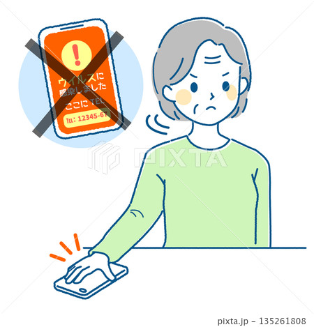 スマートフォンでネット詐欺にかかるお年寄り女性のイラスト_対処方法 135261808