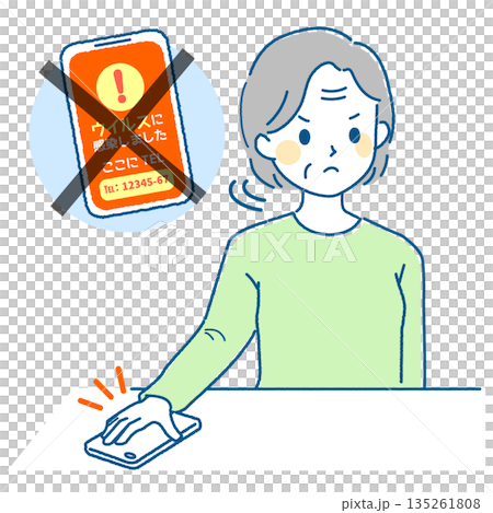 スマートフォンでネット詐欺にかかるお年寄り女性のイラスト_対処方法 135261808
