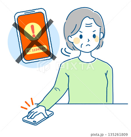スマートフォンでネット詐欺にかかるお年寄り女性のイラスト_対処方法 スマートフォンでネット詐欺にかかるお年寄り女性のイラスト_対処方法 135261809