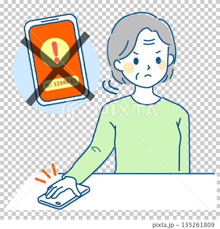 スマートフォンでネット詐欺にかかるお年寄り女性のイラスト_対処方法 スマートフォンでネット詐欺にかかるお年寄り女性のイラスト_対処方法 135261809