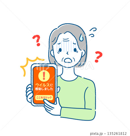 スマートフォンでネット詐欺に困惑するお年寄り女性のイラスト スマートフォンでネット詐欺に困惑するお年寄り女性のイラスト 135261812