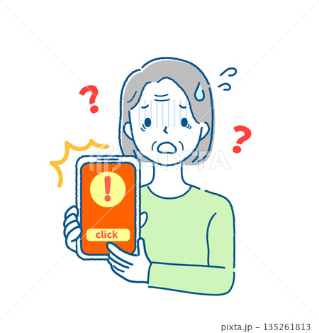 スマートフォンでネット詐欺に困惑するお年寄り女性のイラスト 135261813