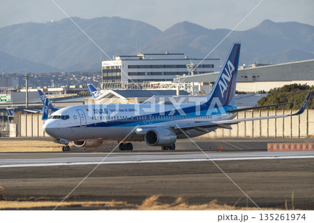 夕方の大阪空港（伊丹空港）　タキシング中の飛行機　大阪府豊中市 135261974