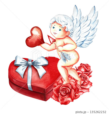 Cute, charming Cupid with an arrow and a heart flying over a heart-shaped gift box. Hand-drawn watercolor illustration. For Valentine's Day and weddings. For postcards, prints, and more. 135262232