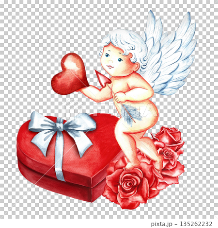 Cute, charming Cupid with an arrow and a heart flying over a heart-shaped gift box. Hand-drawn watercolor illustration. For Valentine's Day and weddings. For postcards, prints, and more. 135262232