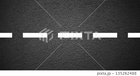 Asphalt road with white lane marking, concrete highway surface, texture. Street traffic line, road dividing strip. Pattern with grainy structure, grunge stone background. Vector illustration 135262488