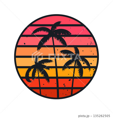 Grunge vintage sunset. Colorful striped sunrise badge in 80s and 90s style. Sun and ocean view, summer vibes, surfing. Design element for print, logo or t-shirt. Vector illustration 135262505