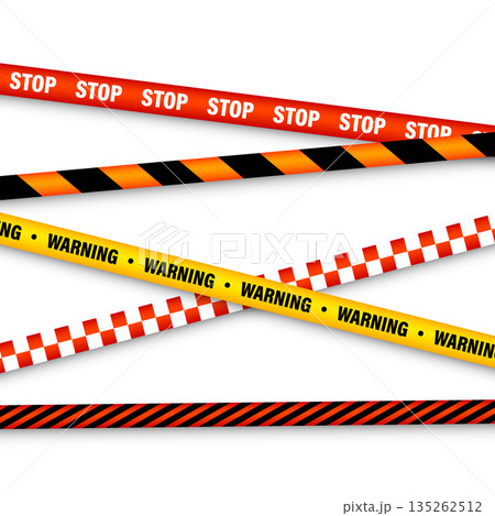 Barricade construction tape. Colorful police warning line, brightly colored danger or hazard stripe, ribbon. Restricted area, zone. Attention symbol. Vector illustration 135262512