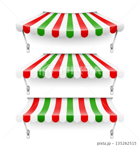 Shop sunshade with metal holder. Realistic striped cafe awning. Outdoor market tent. Roof canopy in Italian flag colors. Summer street store. Vector illustration Shop sunshade with metal holder. Realistic striped cafe awning. Outdoor market tent. Roof canopy in Italian flag colors. Summer street store. Vector illustration 135262515