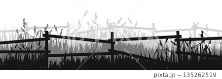 Meadow silhouettes with grass and old wooden fence. Countryside, panoramic summer lawn rural landscape with herbs, weeds. Herbal border, frame element. Black horizontal banners. Vector illustration Meadow silhouettes with grass and old wooden fence. Countryside, panoramic summer lawn rural landscape with herbs, weeds. Herbal border, frame element. Black horizontal banners. Vector illustration 135262519