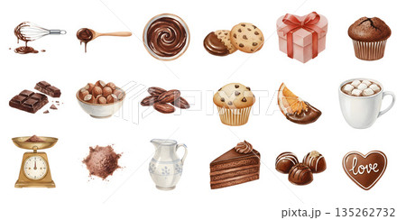 水彩画風 チョコレートとスイーツの素材セット（バレンタイン・お菓子作り） 135262732