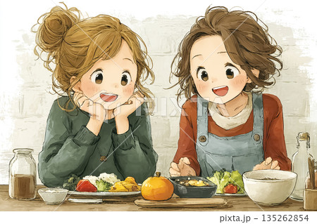 残り物を分け合って食事を楽しむ若い女性たちのイラスト｜フードロスを減らす暮らし 135262854