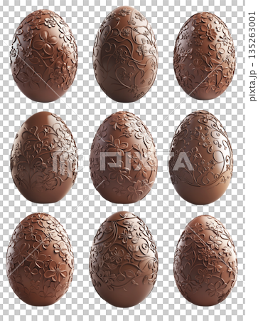 A hollow chocolate egg with cracked shell, revealing its smooth interior, isolated on white transparent background. 135263001