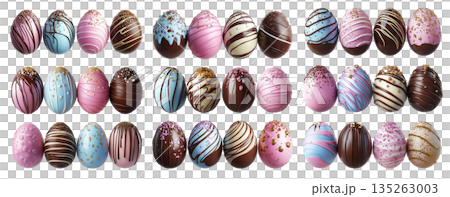Luxurious chocolate Easter eggs with pastel and dark chocolate coatings, isolated on white background Luxurious chocolate Easter eggs with pastel and dark chocolate coatings, isolated on white background 135263003
