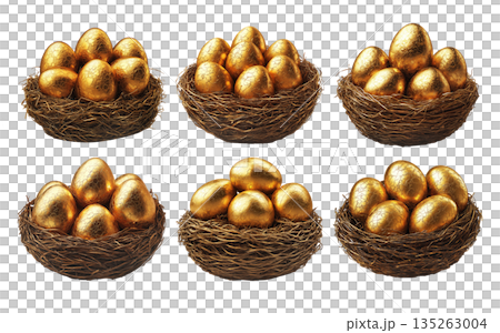 Nest filled with golden eggs isolated on white transparent background. Nest filled with golden eggs isolated on white transparent background. 135263004