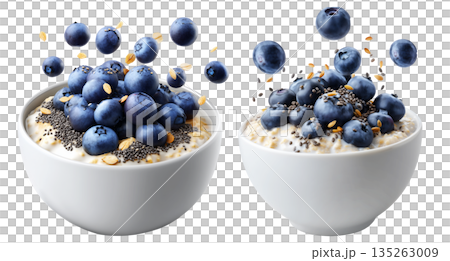 Fresh blueberries and chia seeds on creamy oatmeal in white ceramic bowl, isolated on white transparent background Fresh blueberries and chia seeds on creamy oatmeal in white ceramic bowl, isolated on white transparent background 135263009