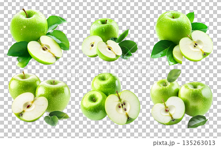 Set of green apples, one sliced in half, with a green leaf isolated on white transparent background 135263013