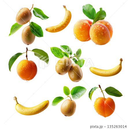 Set of banana, kiwi and apricot with dew drops and leaves isolated on white background 135263014