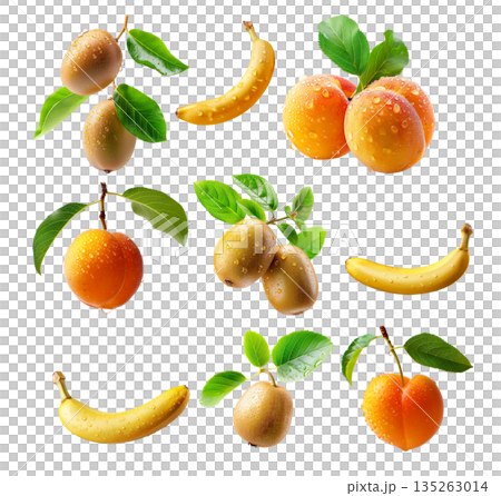 Set of banana, kiwi and apricot with dew drops and leaves isolated on white background 135263014