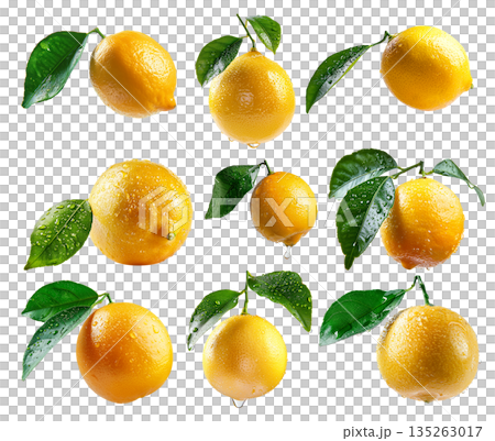 Set of yellow lemons with vibrant green leaves isolated on white transparent background Set of yellow lemons with vibrant green leaves isolated on white transparent background 135263017
