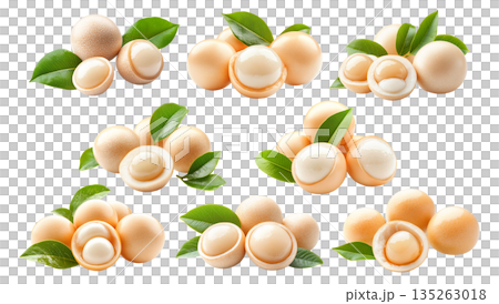 Set of whole and halved longan fruits with green leaves isolated on white transparent background, concept of fresh fruit 135263018