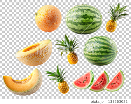 Set of pineapple, watermelon and cantaloupe melon with green leaves isolated on white background 135263021