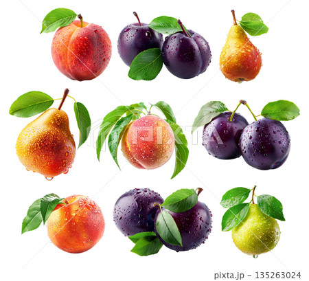 Set of peach, pear, plums or nectarine covered in dew drops with green leaves isolated on white background Set of peach, pear, plums or nectarine covered in dew drops with green leaves isolated on white background 135263024