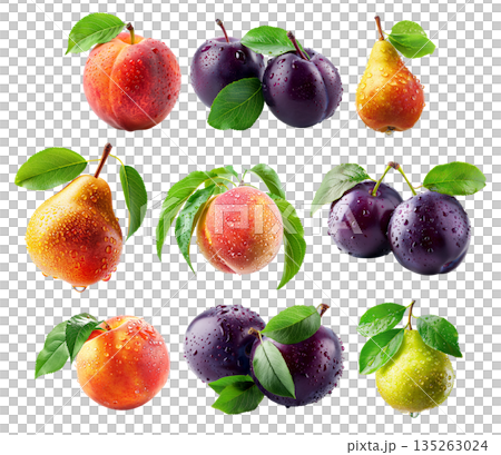 Set of peach, pear, plums or nectarine covered in dew drops with green leaves isolated on white background Set of peach, pear, plums or nectarine covered in dew drops with green leaves isolated on white background 135263024